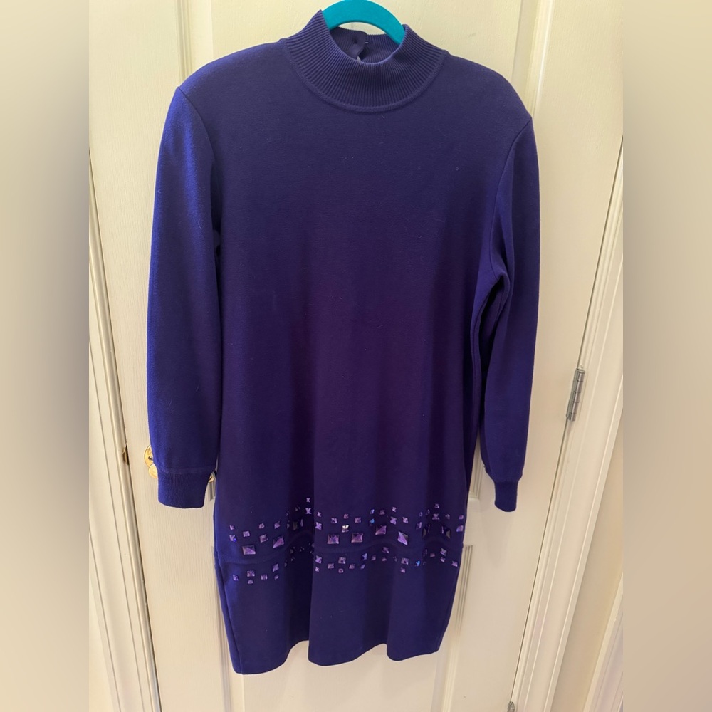Vintage Bill Blass Stylish Purple Women's Knit Dress with Jewels -Size Large EUC